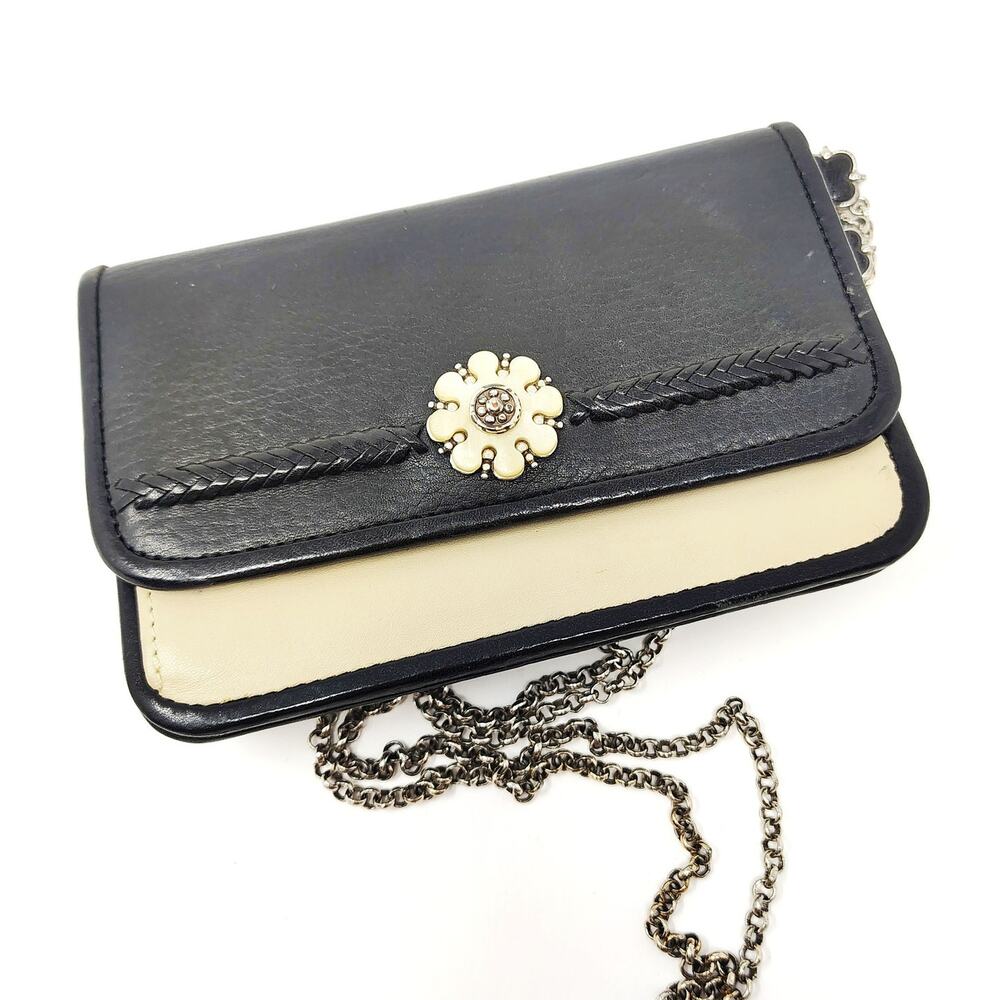 Vintage Brighton Crossbody Clutch Wallet Leather Studded Floral Black Cream
